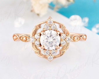 Anillo de boda victoriano antiguo de oro rosa con diamante de 1 quilate, anillo de compromiso vintage art déco de moissanita de 1 quilate con incrustaciones de filigrana, anillo de promesa de diamantes para ella.