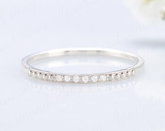 Dainty & simple women diamond ring gold, Minimalist diamond 14k white gold pave diamond wedding band, Tiny diamond plain stacking ring gold