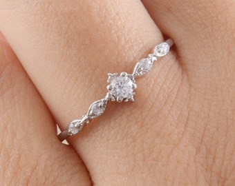 Anel de compromisso delicado em ouro branco maciço 14k com diamantes art déco para ela, anel de noivado feminino pequeno e antigo exclusivo com diamantes, anel de compromisso feminino