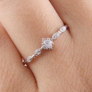 14k solid white gold dainty art deco diamond promise ring for her, Unique antique small womens diamond engagement ring, Womens promise ring