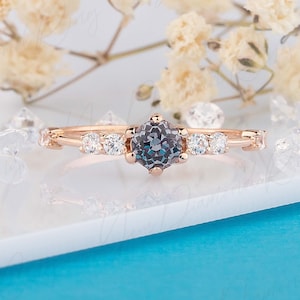 Dainty small 14k rose gold alexandrite engagement ring, Unique minimalist alexandrite & diamonds promise ring for her, Anniversary gift ring