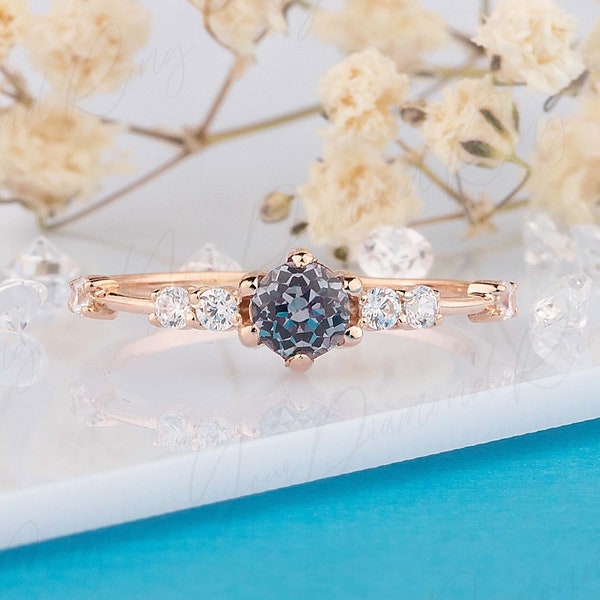 Dainty small 14k rose gold alexandrite engagement ring, Unique minimalist alexandrite & diamonds promise ring for her, Anniversary gift ring
