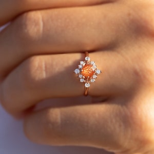Sunstone ring, Unique 14k rose gold art deco sunstone engagement ring, Vintage victorian sunstone engagement ring, Sunstone promise ring