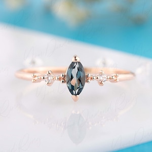 London Blue Topaz & Diamant Versprechen Ring für sie Roségold, Zierliche Marquise Blautopas Diamant Verlobungsring, Topas Diamant Ehering