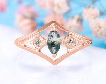 Dainty 14K Rose Gold Moss Agate Promise Ring for Her, Vintage Style Art Deco May Birthstone Marquise Moss Agate Engagement Ring