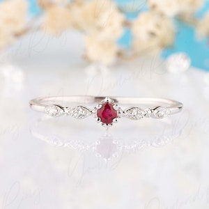 14k solid white gold art deco pink ruby promise ring for her, Small & dainty ruby engagement ring, Vintage style tiny ruby wedding ring