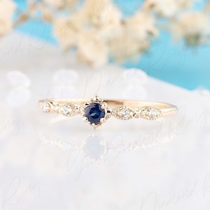 Art deco style 14k yellow gold small & dainty blue sapphire engagement ring, Minimalist delicate blue sapphire promise ring for her