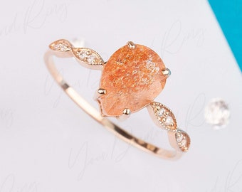 Sunstone engagement ring, Unique rose gold sunstone wedding ring, Art deco pear sunstone & diamond engagement ring, Sunstone promise ring