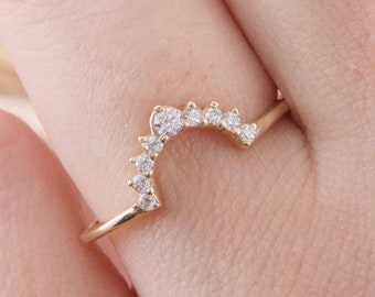 14k yellow gold curved tiara diamond wedding band, Gold crown diamond wedding band, Small & dainty art deco diamond wedding band for her
