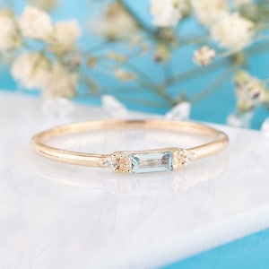 Minimalist baguette aquamarine & diamond engagement ring for her, 14k gold aquamarine diamond promise ring, Aquamarine wedding bridal ring