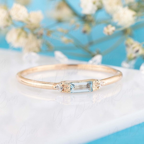 Minimalist baguette aquamarine & diamond engagement ring for her, 14k gold aquamarine diamond promise ring, Aquamarine wedding bridal ring