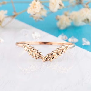 Dainty Rose Gold Chevron Ring, Curved V Shaped Wedding Band, Leaf Stacking Ring