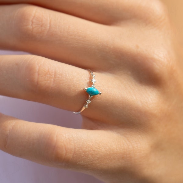 Unique minimalist 14k white gold turquoise promise ring for her, Turquoise ring, Dainty victorian marquise turquoise engagement ring,