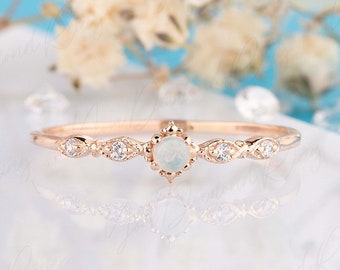 Antique style minimalist victorian white opal and diamonds promise ring for her, Unique small & dainty rose gold womens opal engagemet ring