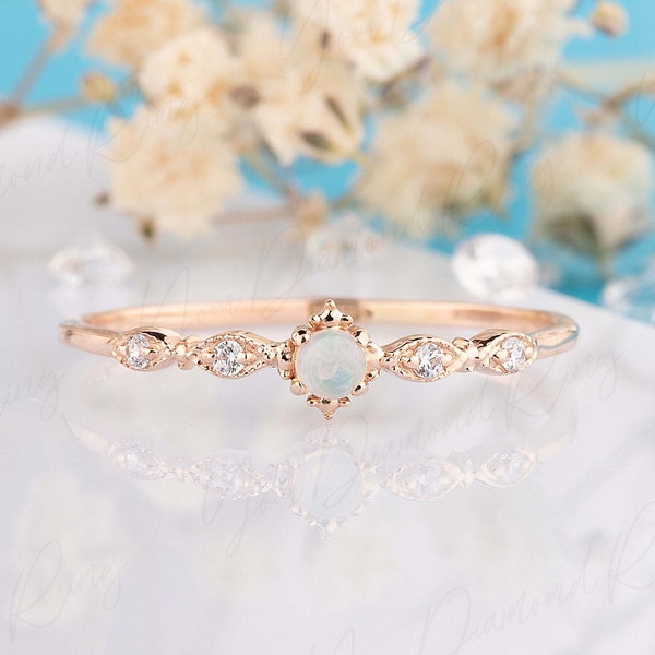 Antique style minimalist victorian white opal and diamonds promise ring for her, Unique small & dainty rose gold womens opal engagemet ring