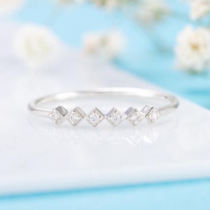 Dainty unique 14k white gold 6 diamonds promise ring for her Minimalist art deco style women diamond wedding band Tiny diamond stacking ring