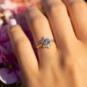 Dainty 14k gold alexandrite & diamonds halo engagement ring, Unique alexandrite promise ring for her, Dainty women alexandrite gold ring