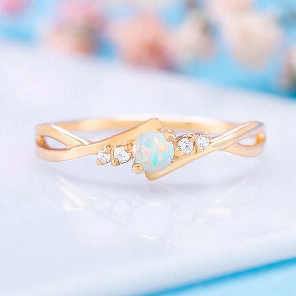 Unique 14k gold opal & diamond promise ring for her, Dainty celtic style opal engagement ring gold, Women natural opal ring, Opal jewelry