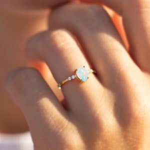 Unique 14k gold pear opal & diamond engagement ring, Dainty minimalist opal promise ring for her, Women opal ring gold, Opal jewelry