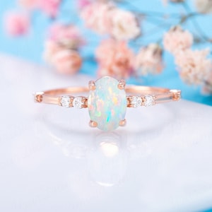Women 14k rose gold oval opal engagement ring, Dainty minimalist opal promise ring for her, Unique opal gold ring, Anniversary gift for her