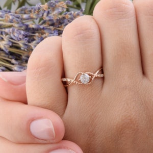 Antique style art deco 14k rose gold twisted diamond womens engagement ring, Unique dainty celtic genuine white diamond promise ring for her