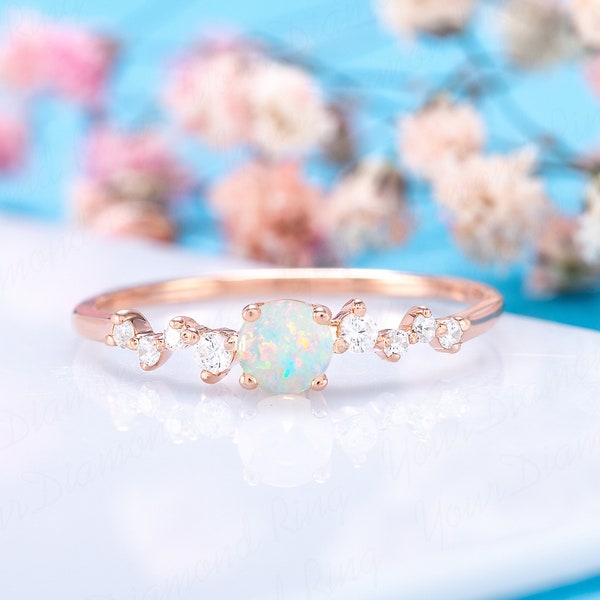 Dainty opal & diamond engagement ring, Unique minimalist opal promise ring for her, Women opal gold ring, Opal anniversary ring gift for her
