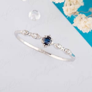 Art deco white gold sapphire & diamond engagement ring, Womens small victorian sapphire promise ring, Tiny minimalist sapphire wedding ring