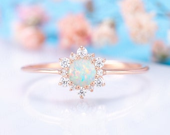 Opal ring, Opal engagement ring, Opal promise ring for her, Unique dainty 14k rose gold opal & diamond halo engagement ring, Gift for her