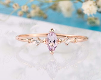 Marquise amethyst & diamond engagement ring rose gold, Dainty 3 stone setting amethyst promise ring, Unique amethyst wedding art deco ring