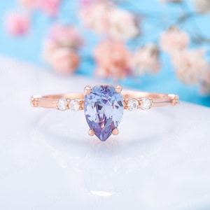 Dainty 14k rose gold pear alexandrite engagement ring rose gold, Alexandrite tiny promise ring for her, Women alexandrite wedding ring gold