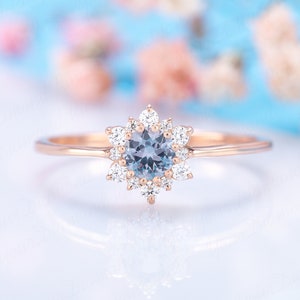 Unique minimalist alexandrite promise ring for her, Alexandrite ring, Dainty alexandrite halo diamond engagement ring gold, Gift for her