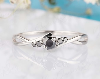 Celtic style black diamond engagement ring white gold, Black diamond promise ring for her, Women black diamond wedding ring gift for her