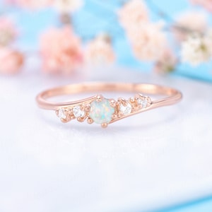 Dainty opal diamond engagement ring rose gold, Women opal ring gold, Unique minimalist opal promise ring for her, Anniversary gift for her