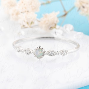 Small minimalist opal & diamond engagement ring, Antique dainty 14k white gold victorian white opal promise ring for her, Anniversary ring