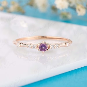Minimalist amethyst & diamond engagement ring, Women purple amethyst promise ring rose gold, Dainty small amethyst and diamond wedding ring