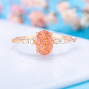 Unique dainty sunstone & diamond engagement ring, Yellow gold sunstone promise ring for her, Women gold oval sunstone ring, Sunstone jewelry