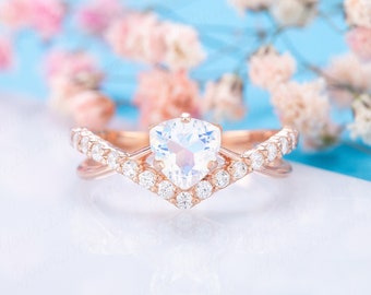 Unique art deco moonstone engagement ring, 14k rose gold moonstone & diamond promise ring for her, Women gold moonstone ring, Gift for her