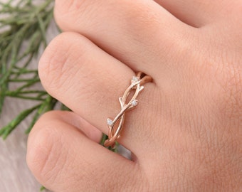 Rose Gold Unique Diamond Wedding Band, Twig Ring, Branch ring, Tree Ring, Leaves Ring, Art Deco Wedding Band