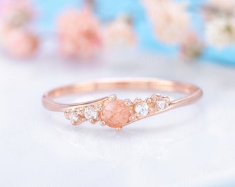 Sunstone ring, Dainty minimalist sunstone & diamond engagement ring, Unique tiny sunstone promise ring for her, Anniversary gift for her