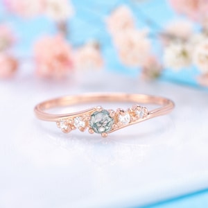 Unique minimalist natural moss agate & diamond promise ring for her, Dainty moss agate engagement ring rose gold, Women moss agate ring gold
