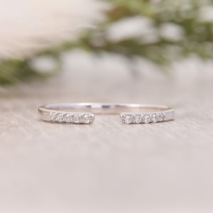 14k solid white gold small & dainty diamonds stacking wedding band, Minimalist thin womens diamonds wedding band, Tiny moissanite band