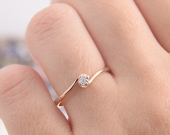 Dainty & simple 14k yellow gold diamond promise ring for her, Small minimalist diamond engagement ring, Moissanite womens promise ring