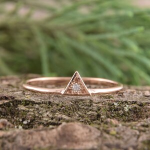 Simple 14k rose gold diamond promise ring for her, Minimalist womens diamond ring, Small dainty diamond ring, Triangle diamond ring