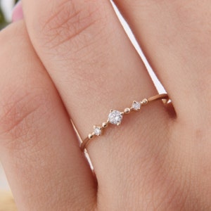 Delicate minimalist 14k yellow gold 3 stone diamond promise ring for her,Small & dainty womens white diamond engagement ring,Diamond jewelry