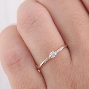 Small & dainty 14k yellow gold diamond promise ring for her, Womens minimalist promise ring, Simple delicate white diamond engagement ring