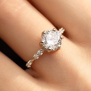 Unique white gold women moissanite engagement ring, Dainty elegant moissanite promise ring for her, Moissanite wedding ring, Statement ring