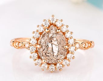 Pear Rutilated Quartz Halo Engagement Ring, Rose Gold Art Deco Promise Ring