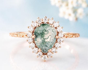 Pear Moss Agate Halo Engagement Ring, Rose Gold Leaf Inspired Promise Ring for Her