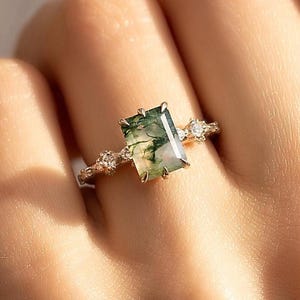 Women unique white gold emerald cut nature inspired moss agate & diamond engagement ring, Moss agate promise ring, Agate bridal wedding ring