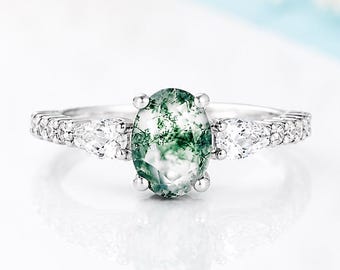 Vintage Oval Moss Agate Engagement Ring, White Gold Art Deco Promise Ring for Her